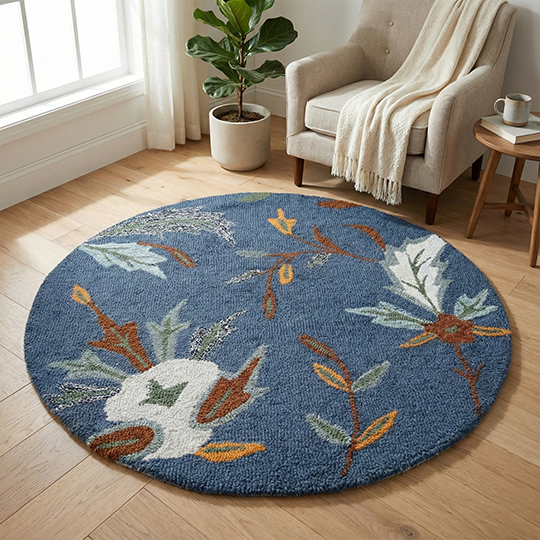 Blue Meadow Woolen Round carpet