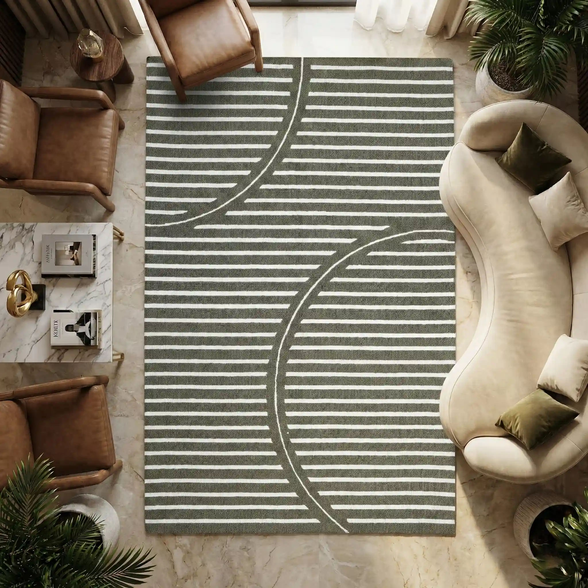 Olive Striped Curve Wool Carpet